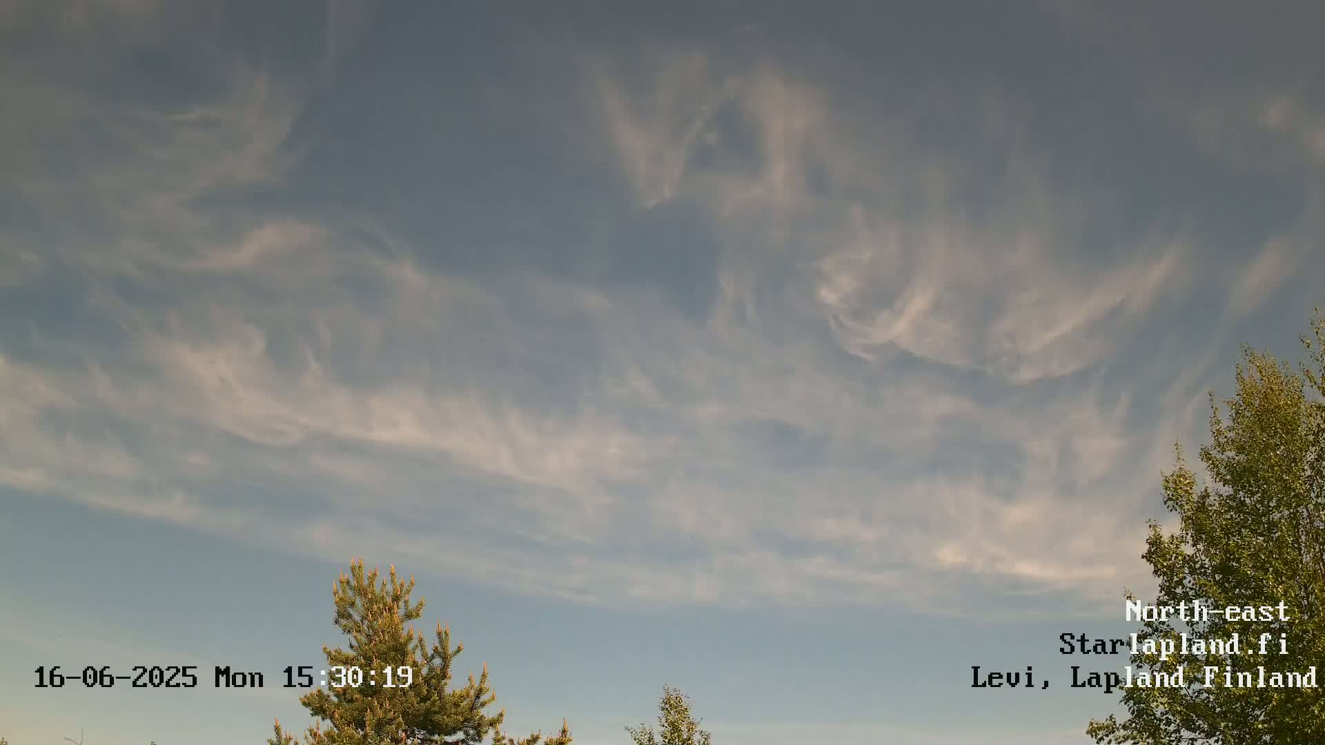 Wispy, high-altitude clouds streak across a mostly clear sky above a few evergreen and deciduous trees.