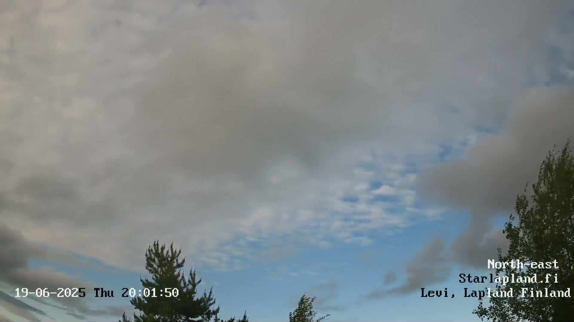 A mostly cloudy sky with some blue showing through, partially obscuring the tops of some coniferous and deciduous trees.