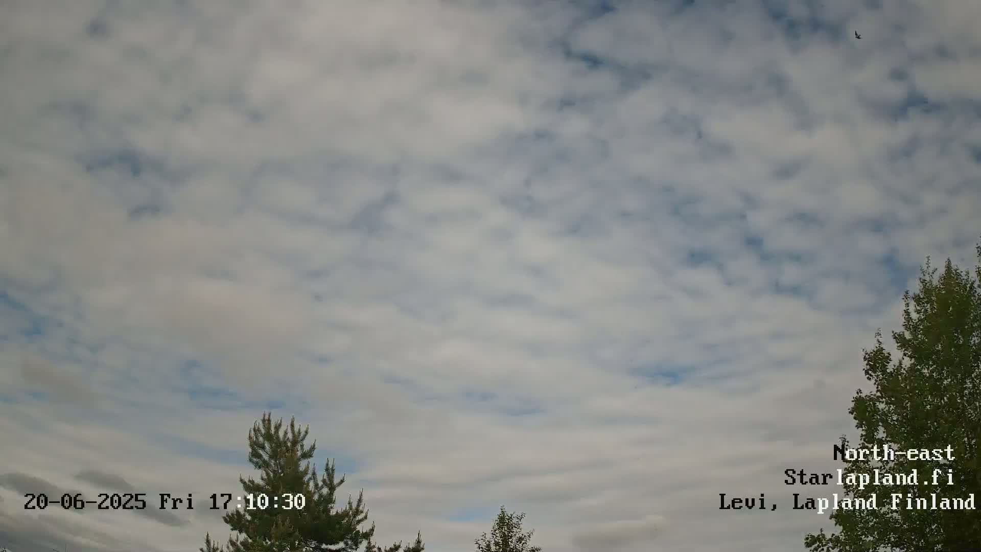 A mostly cloudy sky with a few patches of blue is visible above some evergreen and deciduous trees.