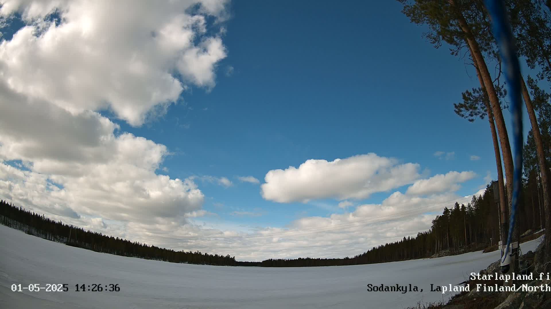 A partly cloudy blue sky overlooks a snow-covered field bordered by a dark coniferous forest.