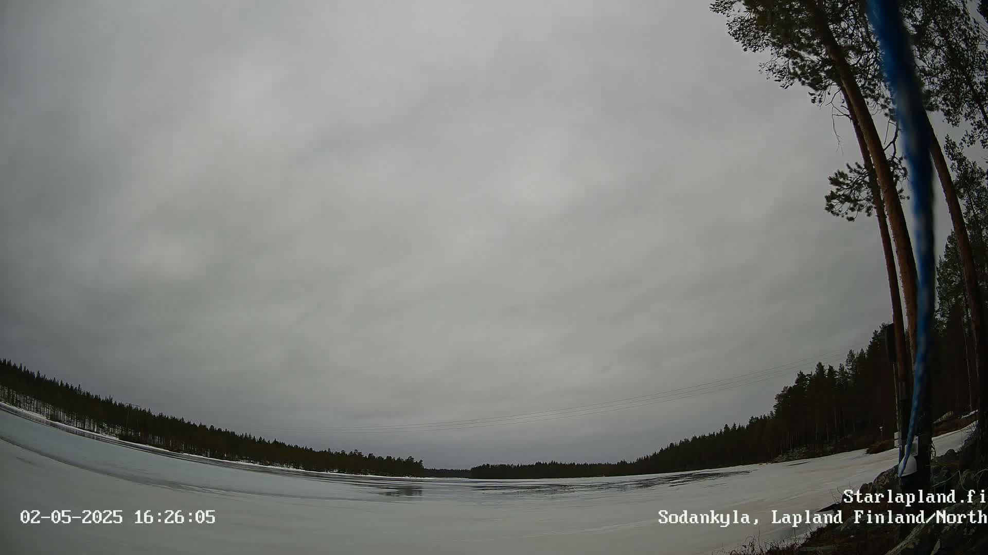 A wide shot of a frozen lake under an overcast sky, bordered by a dark line of evergreens.