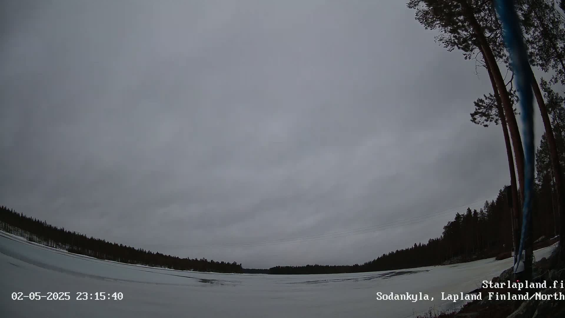 A frozen lake is visible under an overcast sky, with a dark line of trees on the far shore.