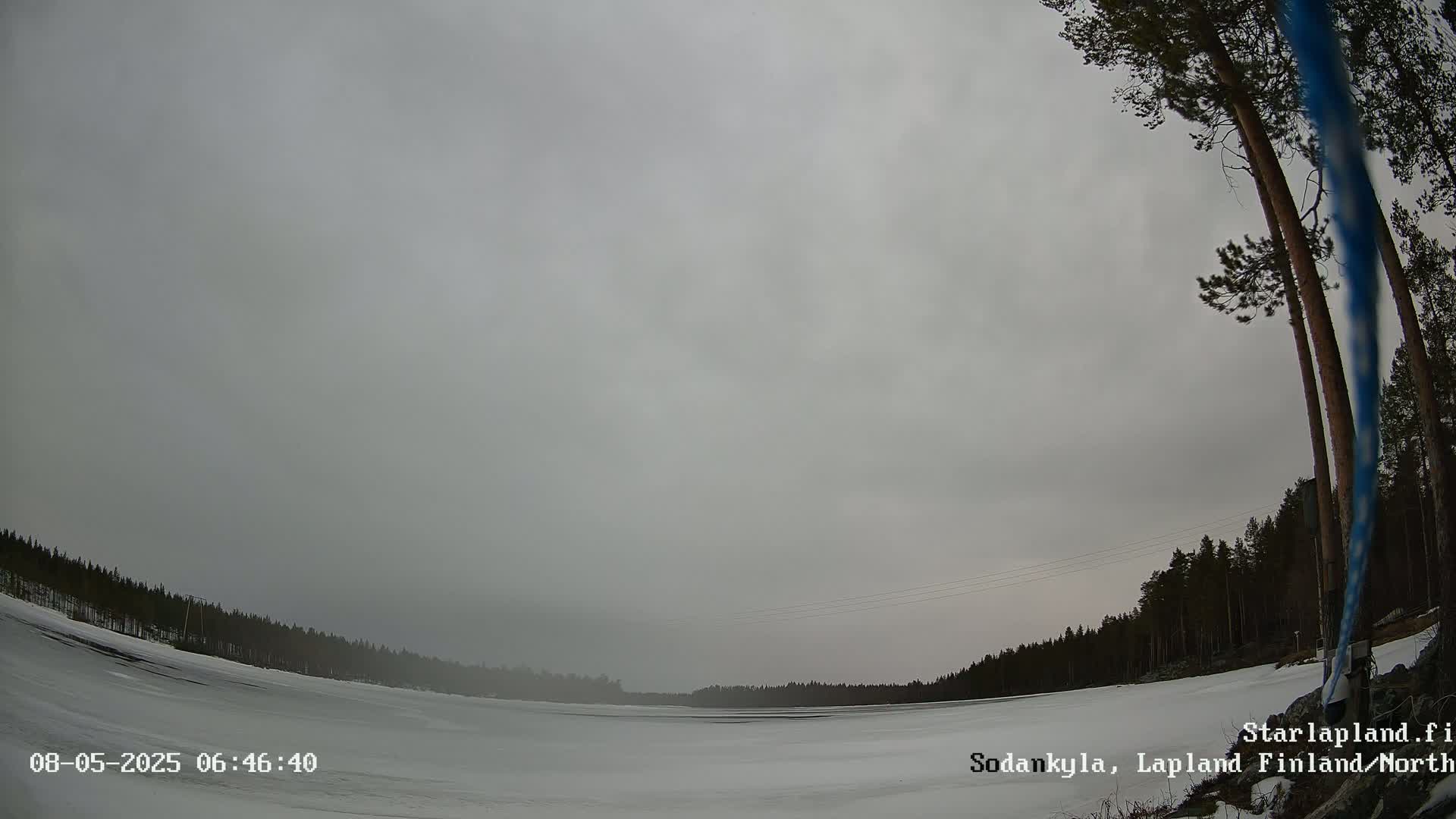A snow-covered, flat expanse of land stretches out under an overcast sky, with a dark line of trees in the distance.