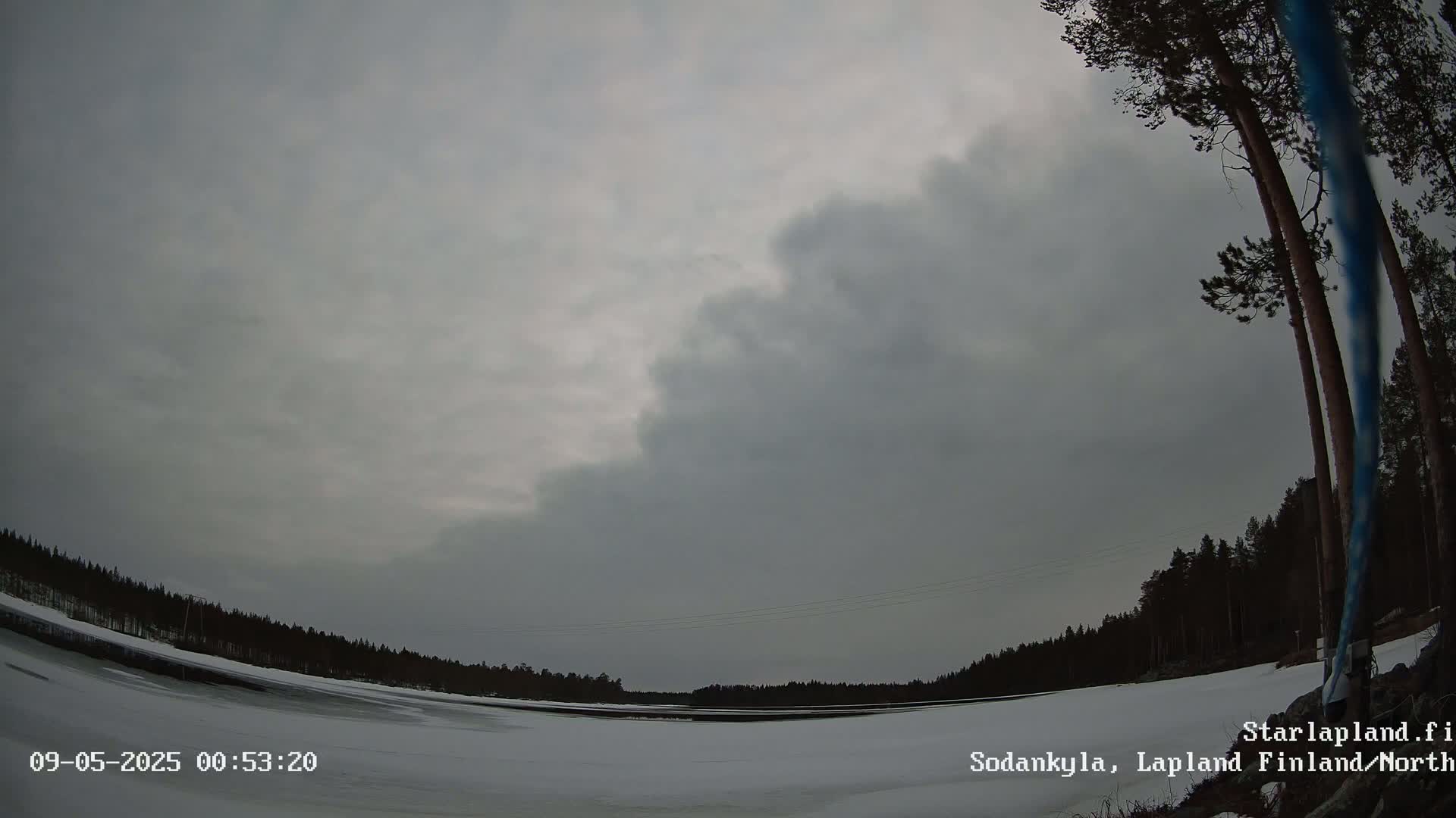 A snow-covered, frozen lake is surrounded by a dark coniferous forest under an overcast sky.
