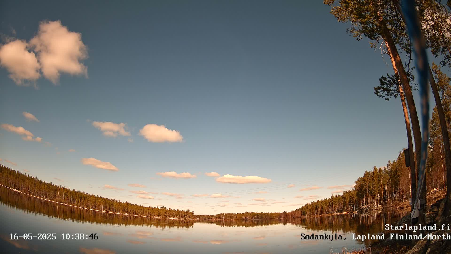 A calm lake reflects a clear blue sky with scattered cumulus clouds and a line of dark evergreens along its shore.