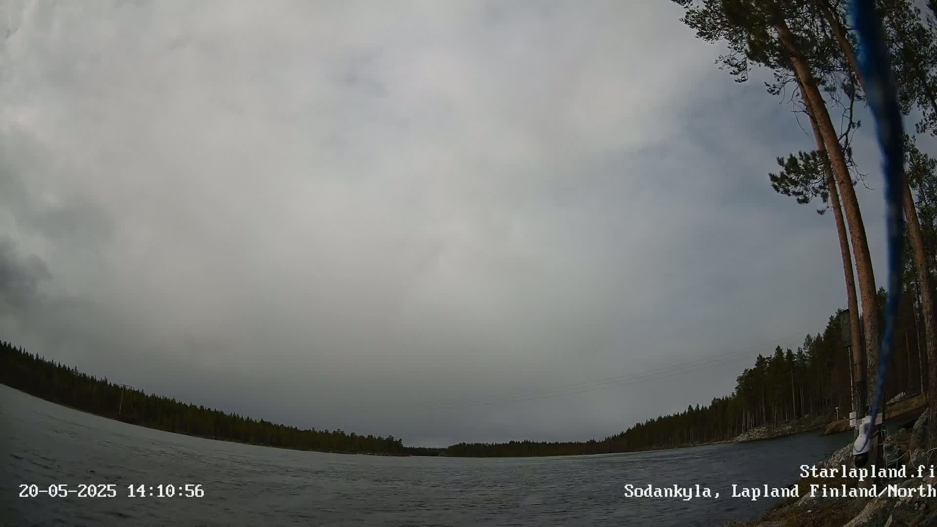 A wide shot shows an overcast sky over a calm body of water bordered by a dark green forest under a gray sky.
