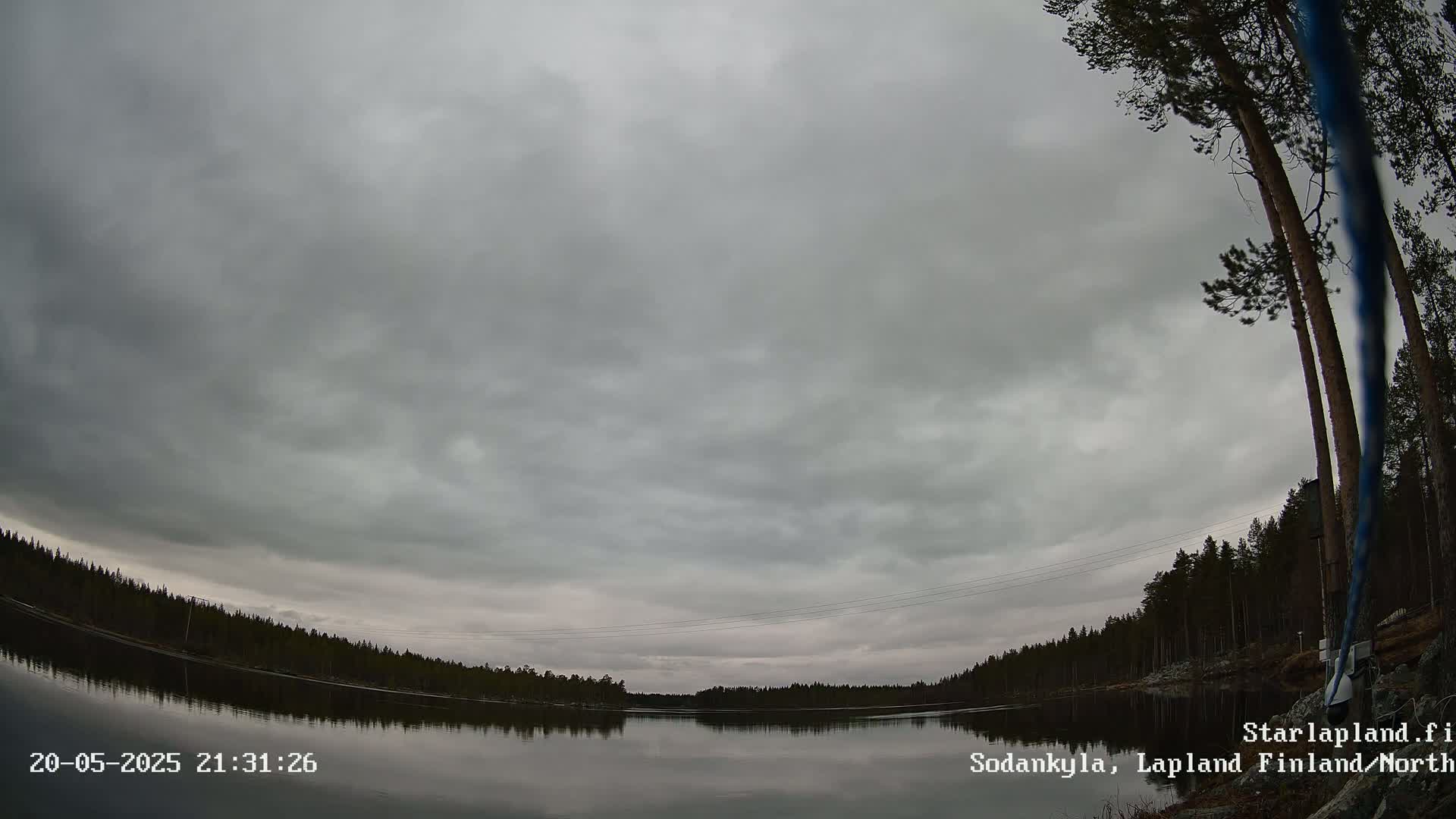 A calm lake reflects an overcast sky under a gloomy sky, surrounded by a dark forest.