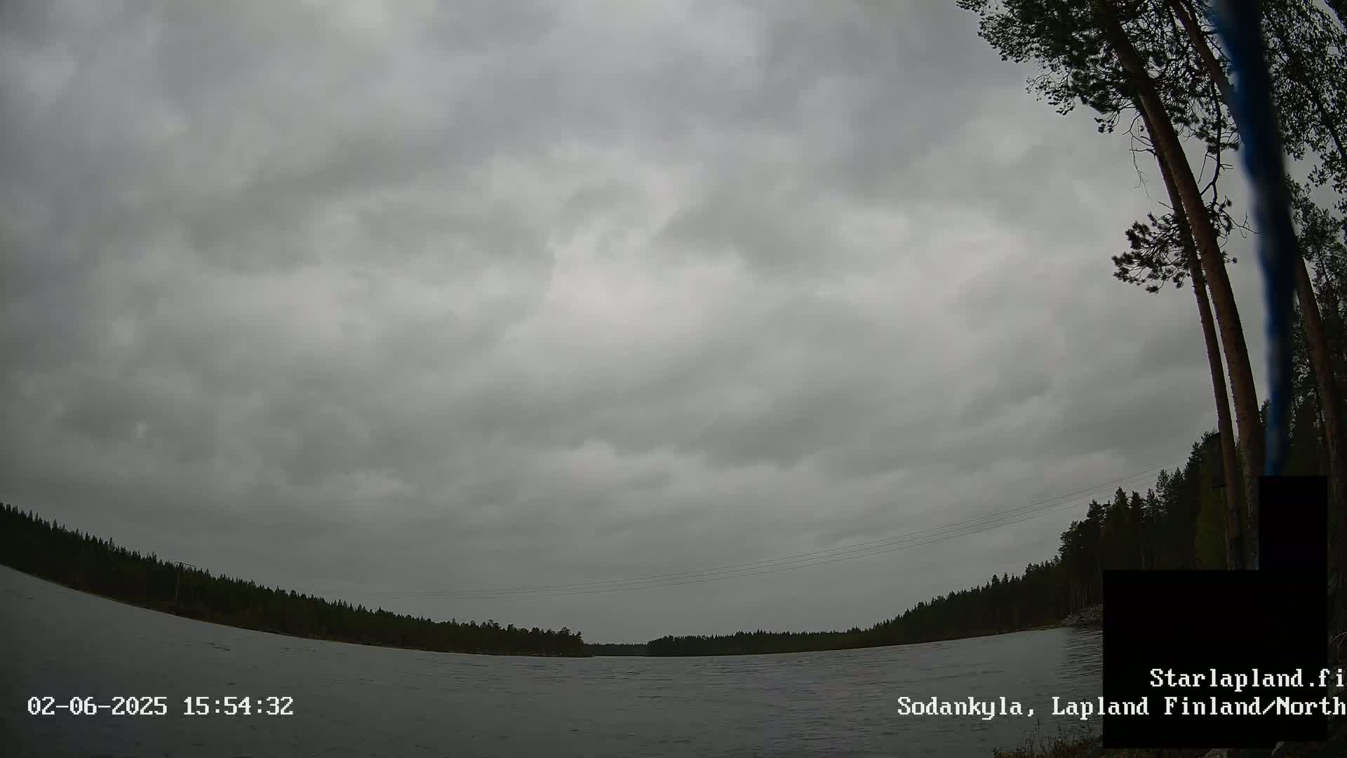 A calm body of water is seen under an overcast sky, bordered by a dark line of trees.