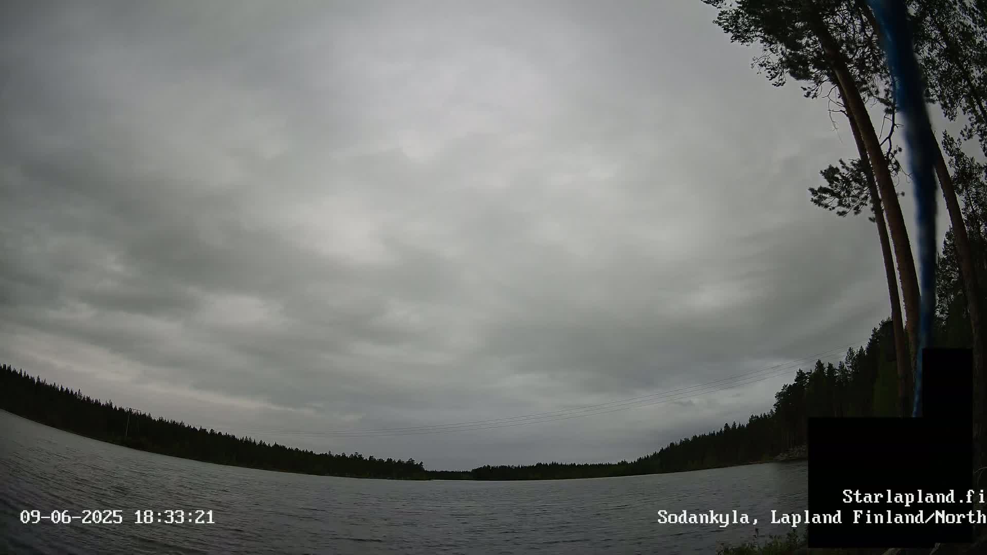 A calm lake is surrounded by a dark forest under an overcast sky.