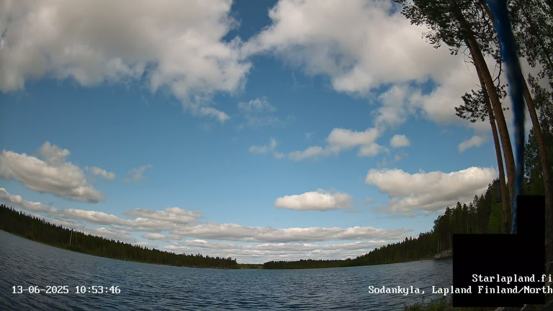 A mostly sunny day with scattered cumulus clouds over a calm lake surrounded by a dark green forest.
