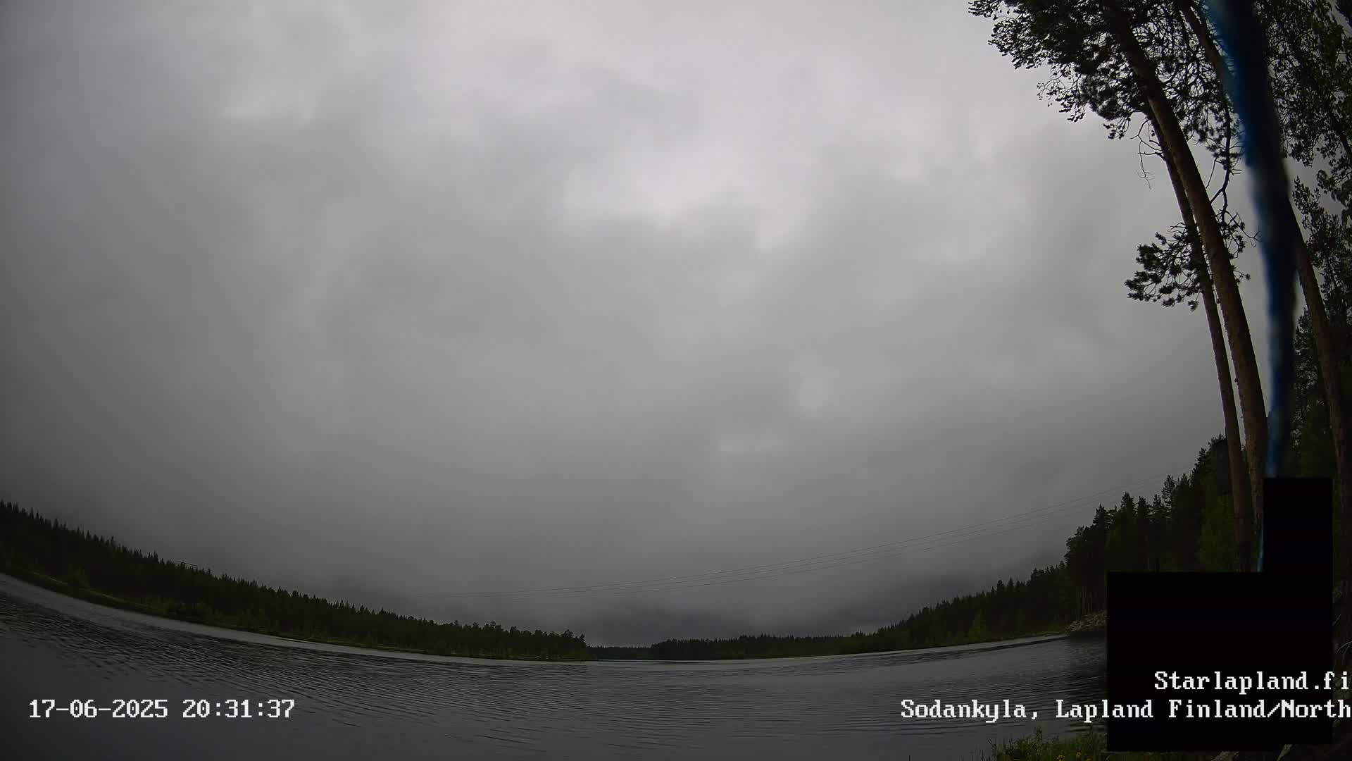 A wide shot shows a calm body of water under an overcast sky, bordered by dark green trees.