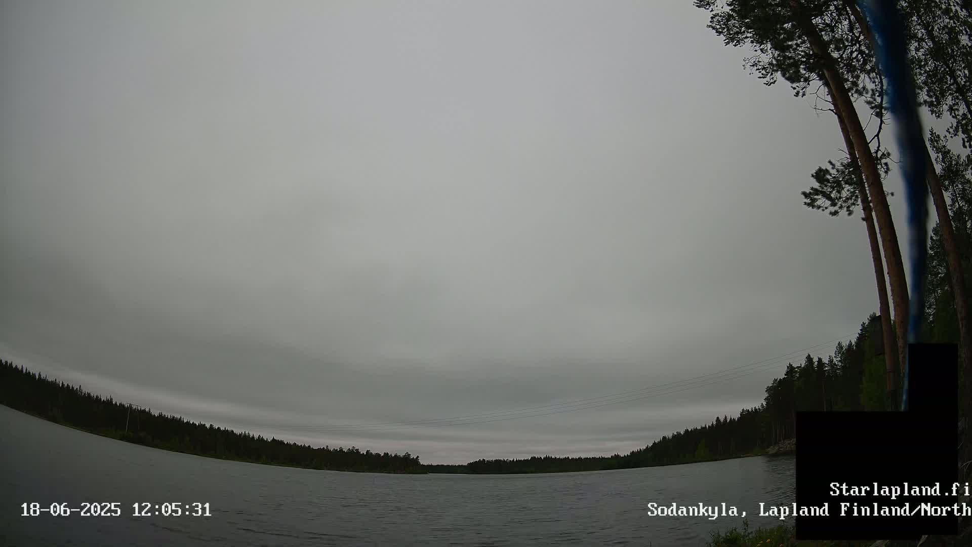 A calm lake is surrounded by a dark forest under an overcast sky.
