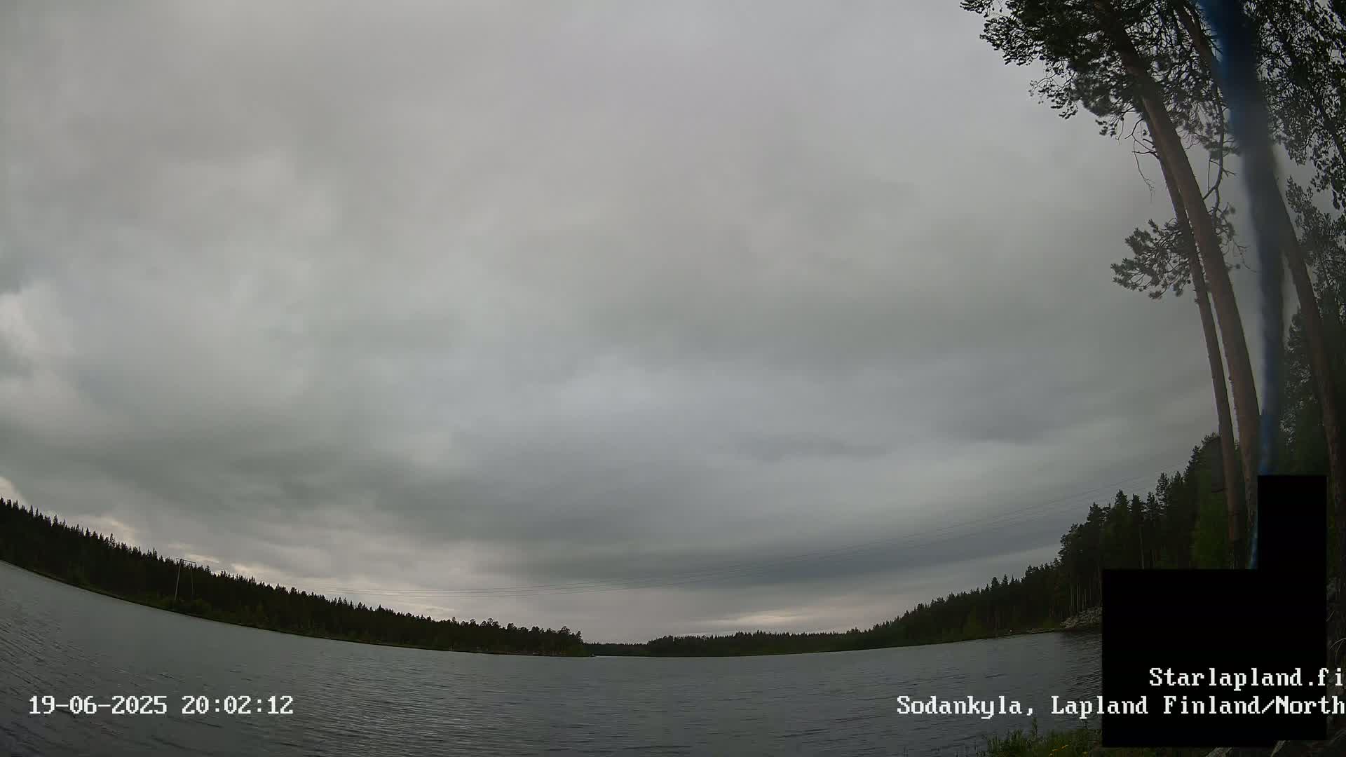 A calm lake is surrounded by a dark green forest under an overcast gray sky.