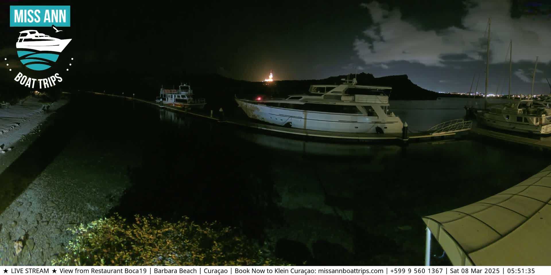 Several boats are docked at a marina at night under a partly cloudy sky.