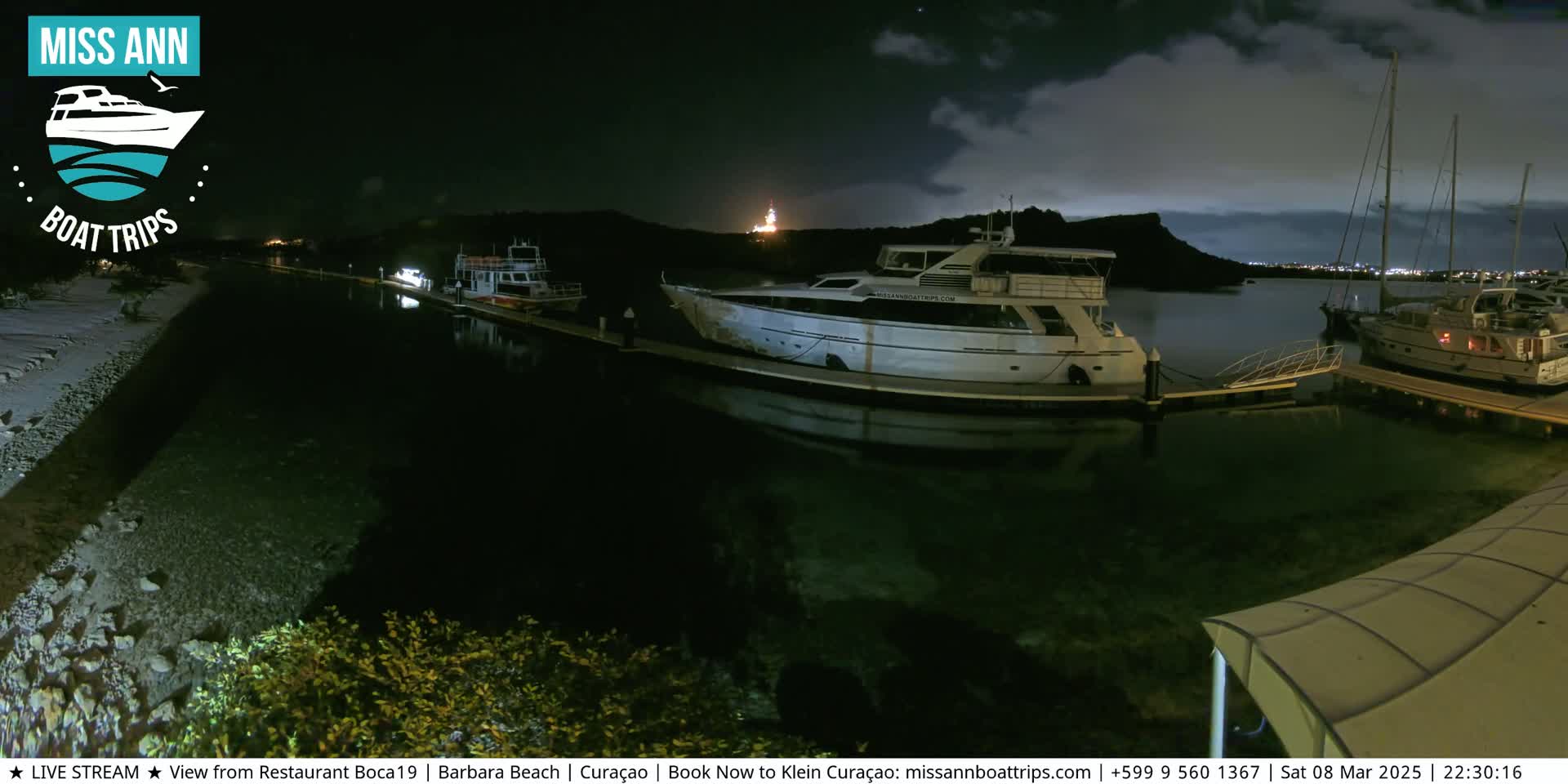 Several boats are moored at a dock at night under a partly cloudy sky.