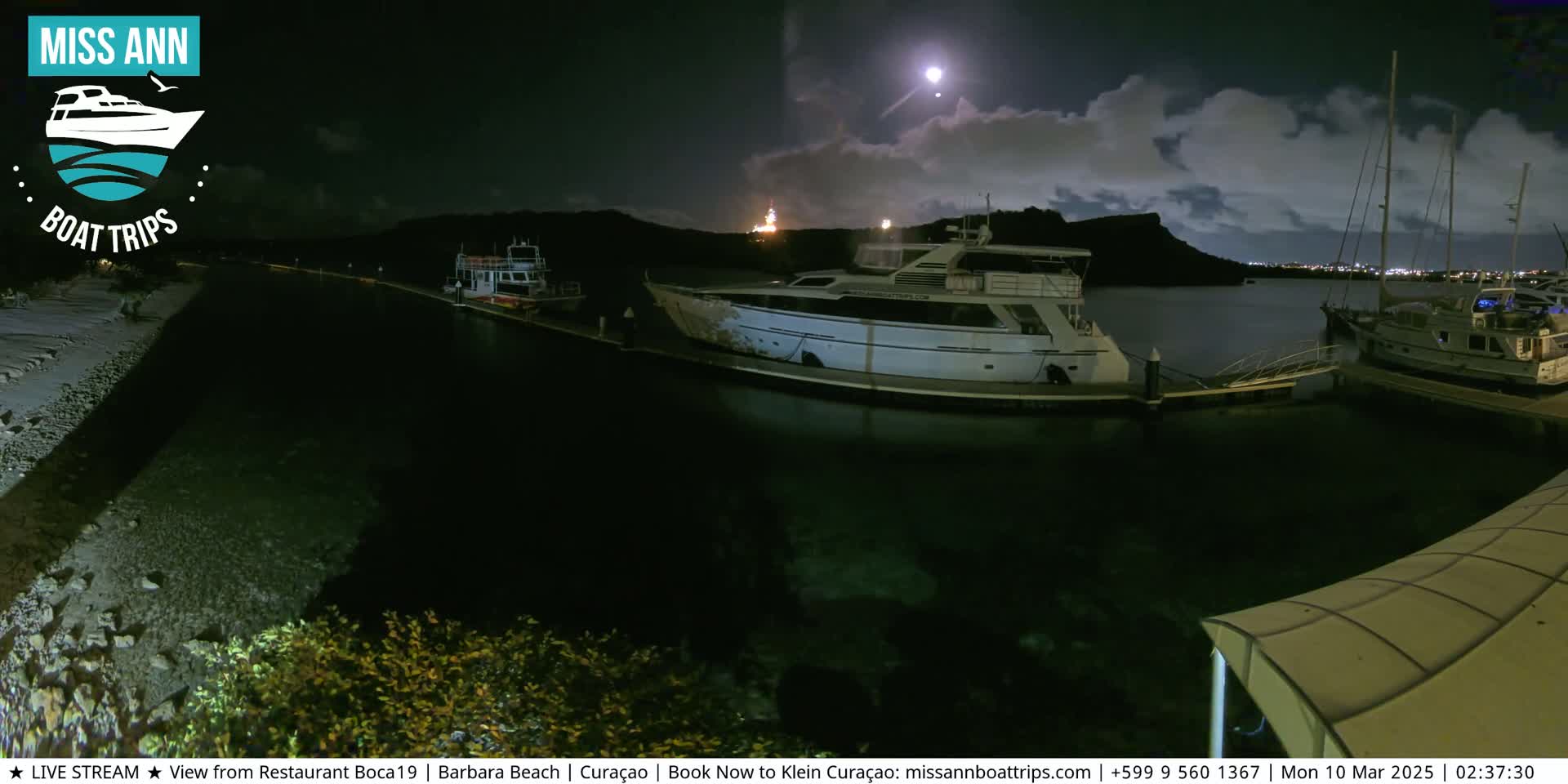 Several boats are docked at a marina at night under a partly cloudy sky with a bright moon visible.