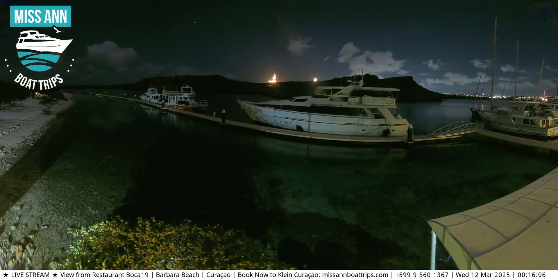 Several boats are docked at a marina at night under a partly cloudy sky.