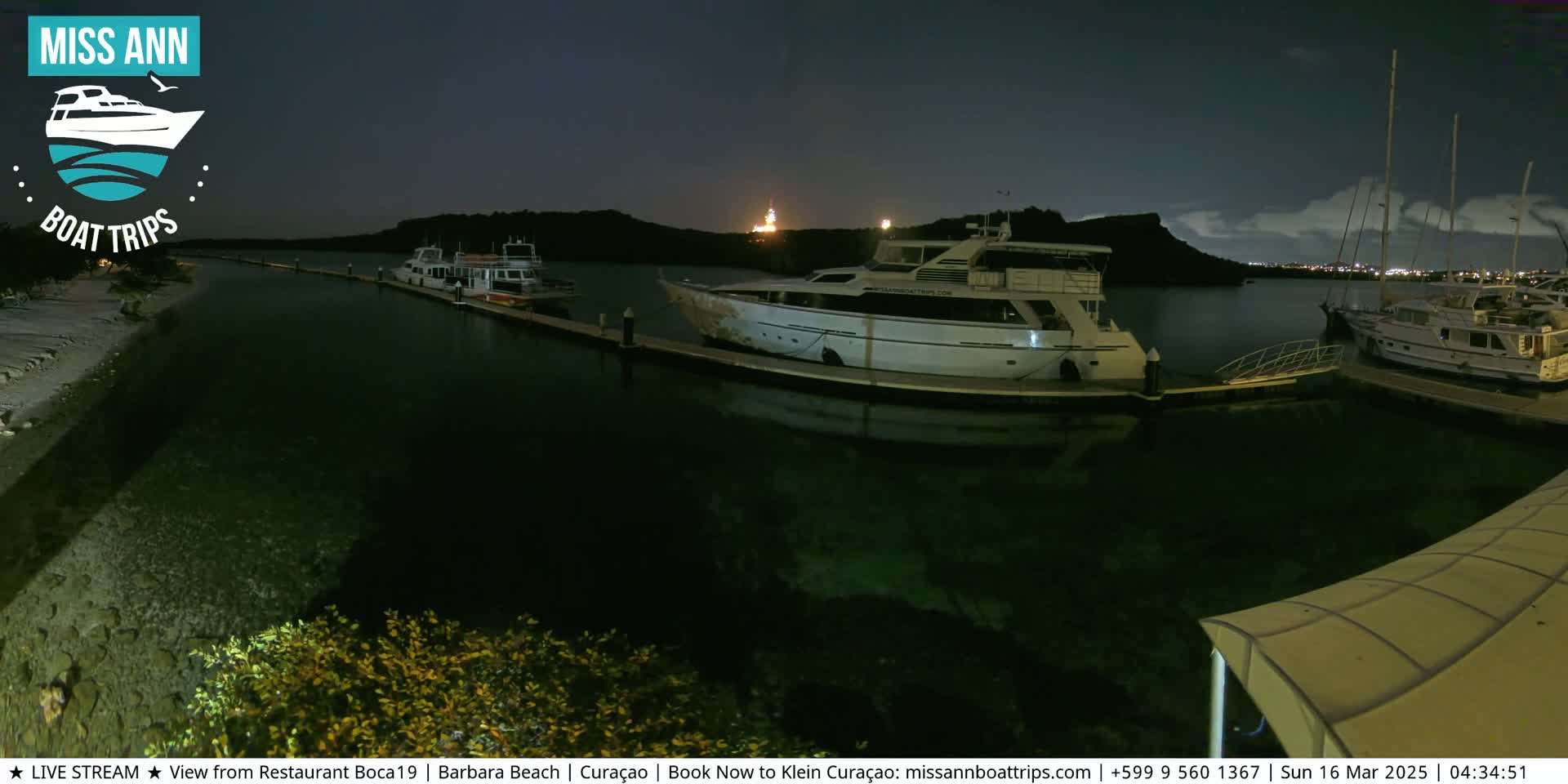 Several boats are docked at a marina at night under a partly cloudy sky.