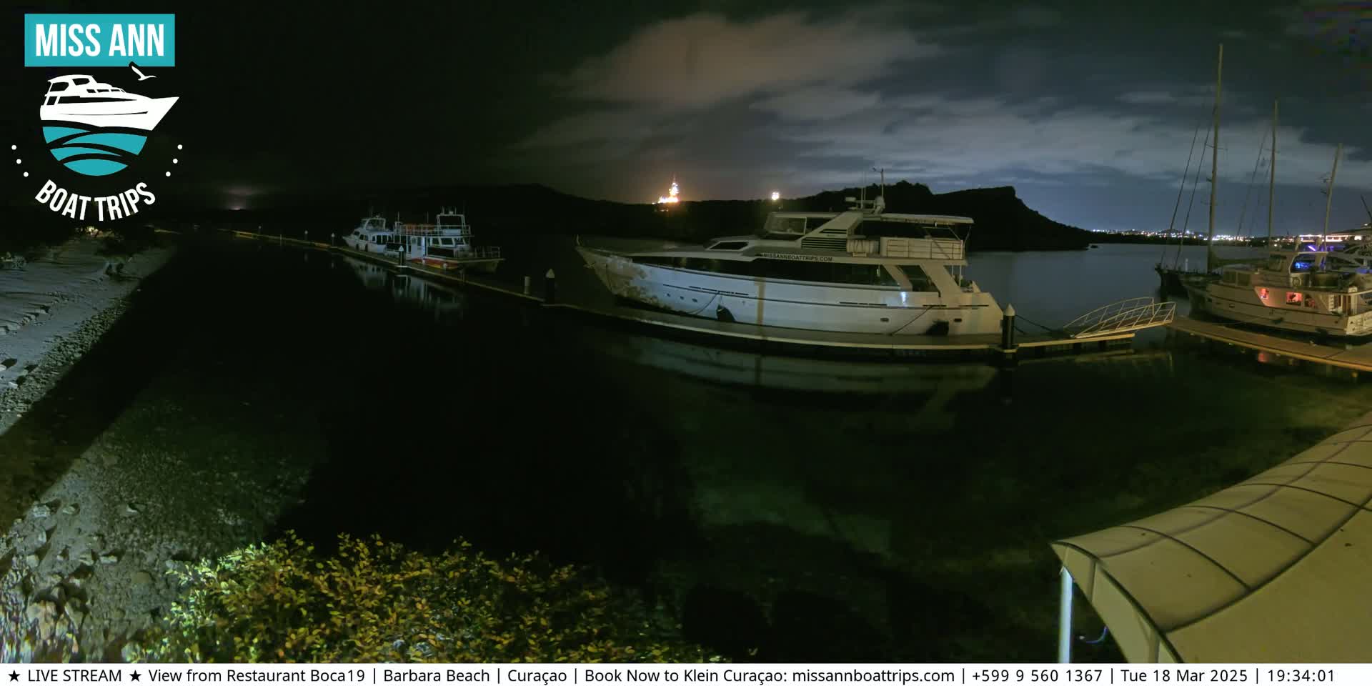 Several boats are docked at a marina at night under a partly cloudy sky.
