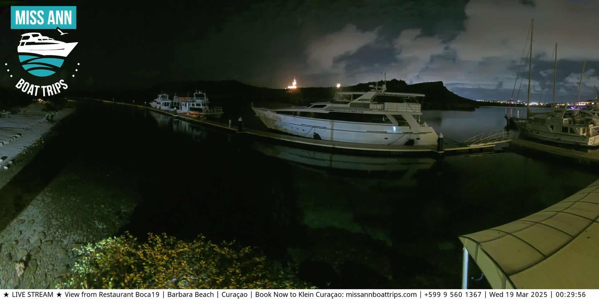 Several boats are docked at a marina at night under a partly cloudy sky.