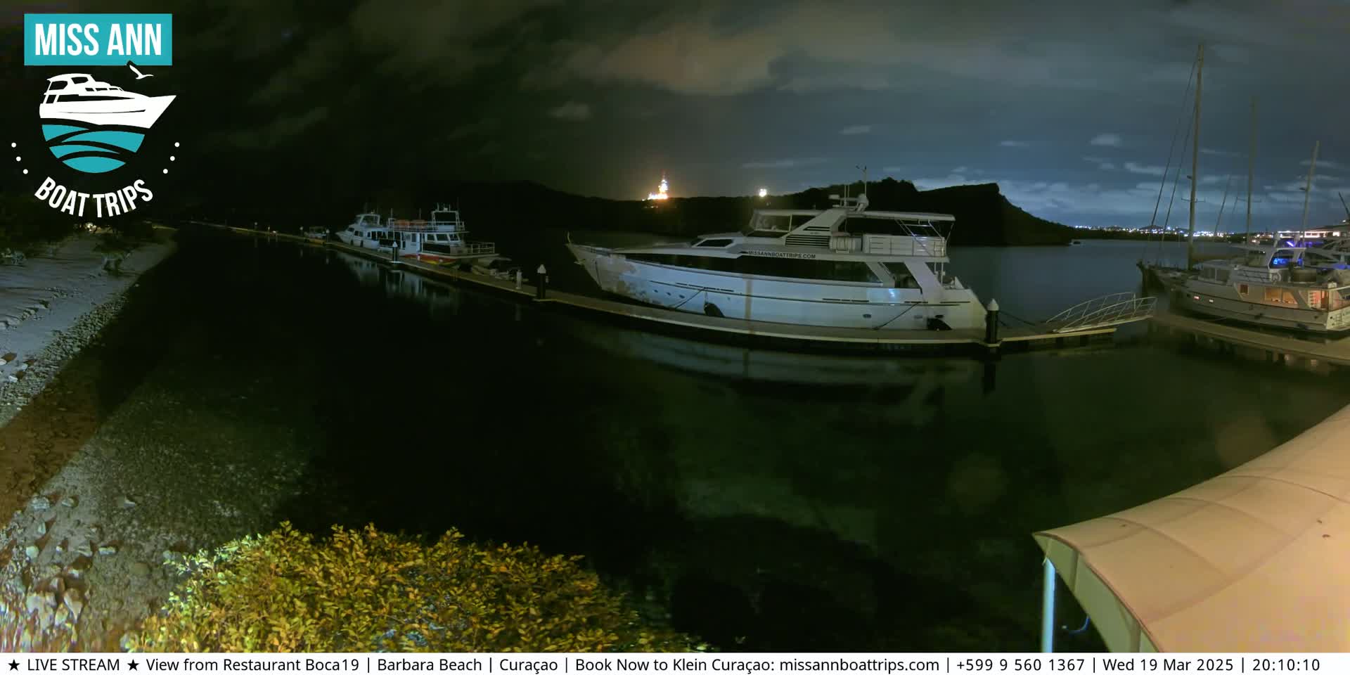 Several boats are docked at a marina at night under a partly cloudy sky.