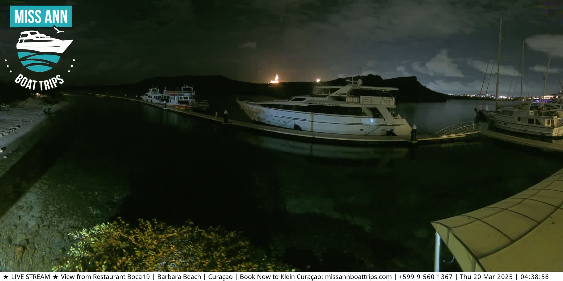 Several boats are docked at a marina at night under a dark, cloudy sky.