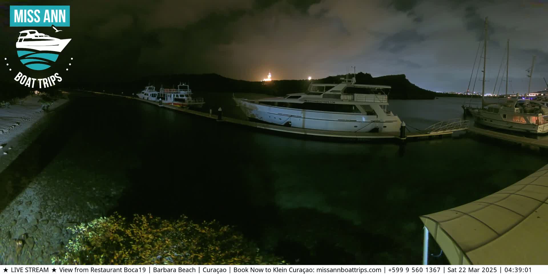 Several boats are docked at a marina at night under a dark, cloudy sky.