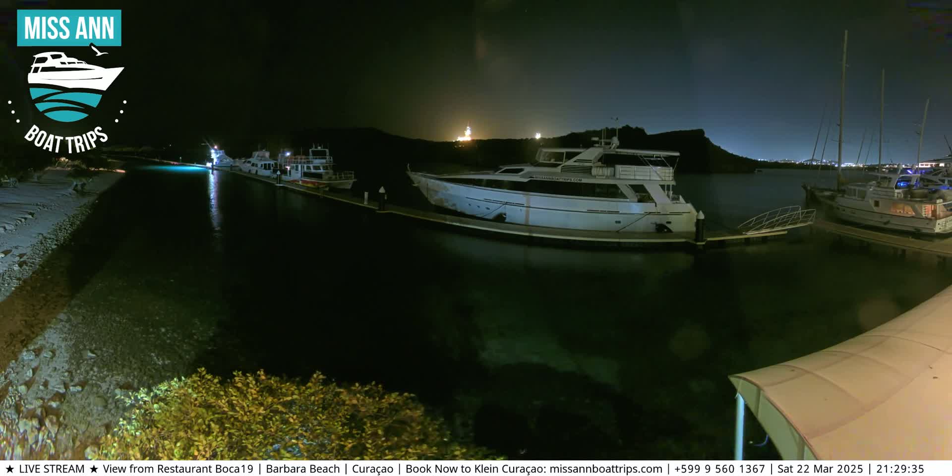 Several boats are docked at a marina at night under a dark sky.