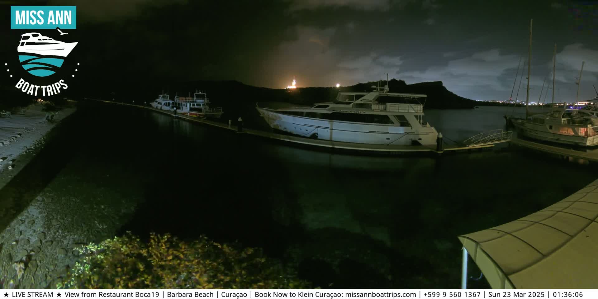 Several boats are moored at a marina at night under a partly cloudy sky.