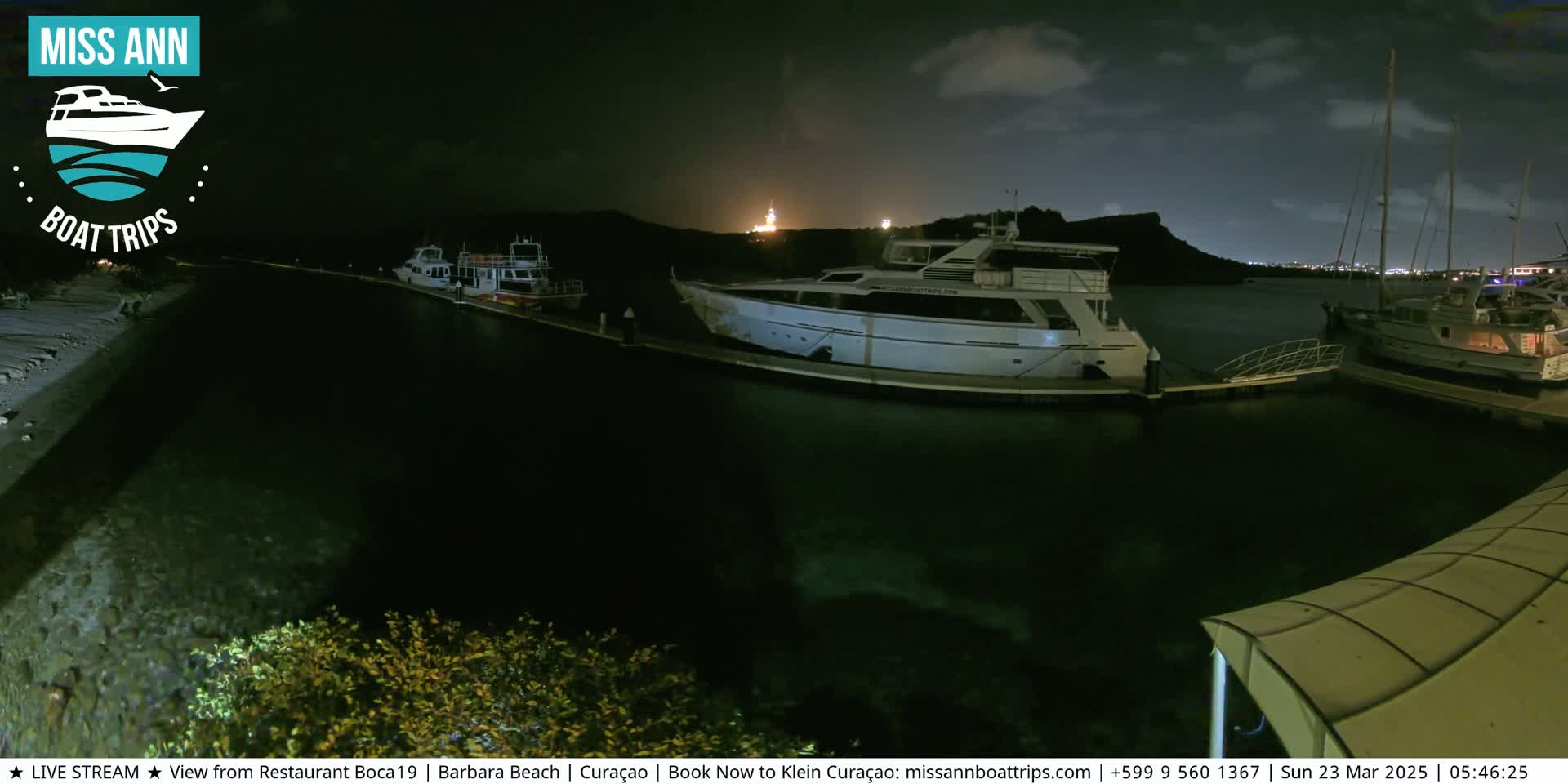 Several boats are docked at a marina at night under a partly cloudy sky.