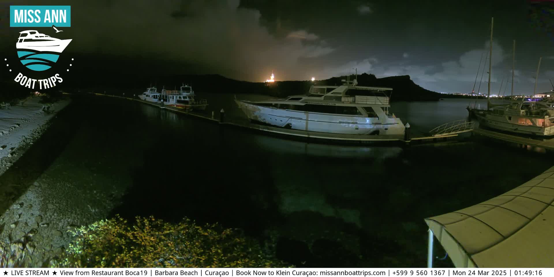 Several boats are docked at a marina at night under a partly cloudy sky.