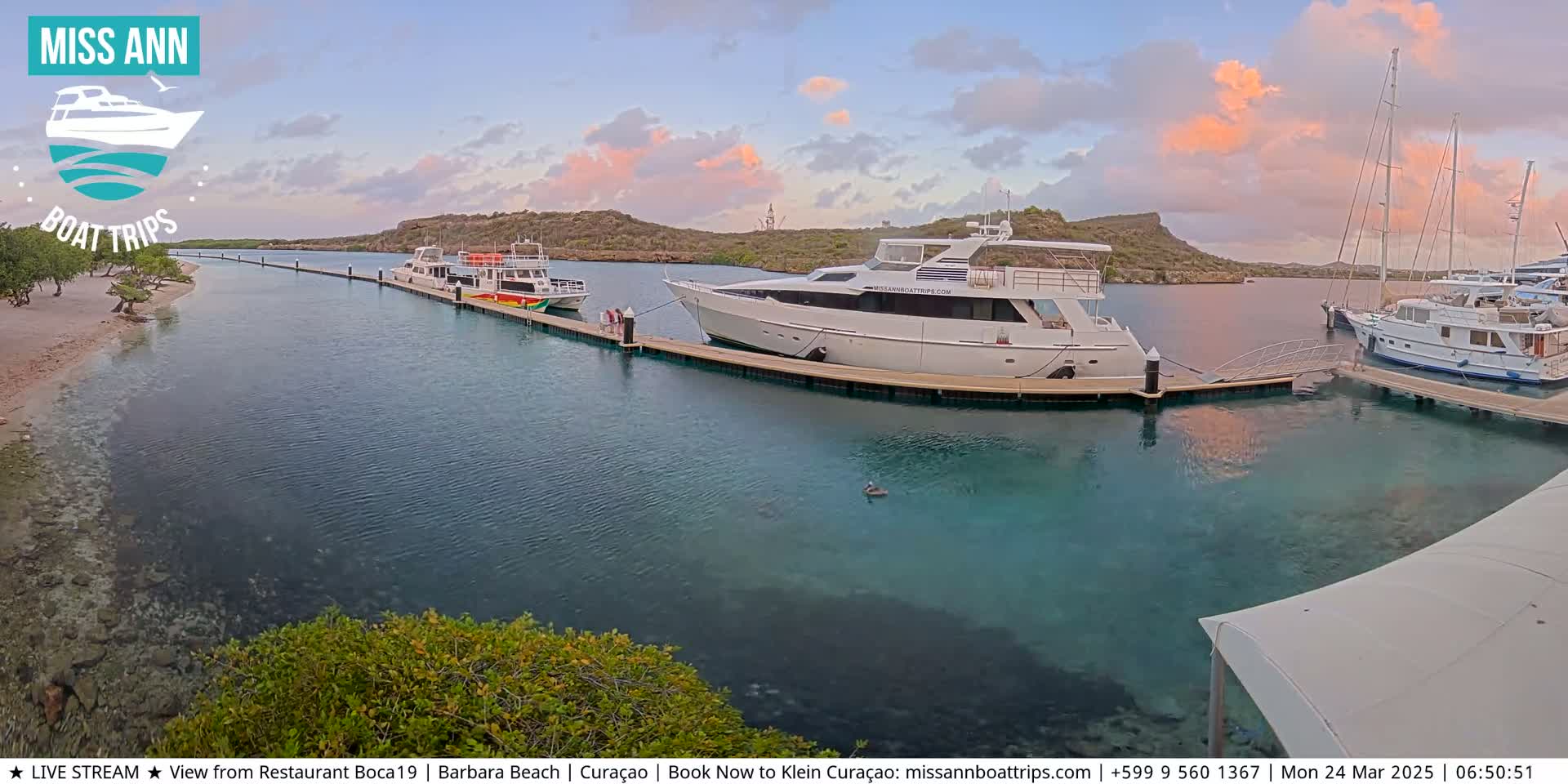 Several boats are docked at a marina under a partly cloudy, pinkish sunset sky.