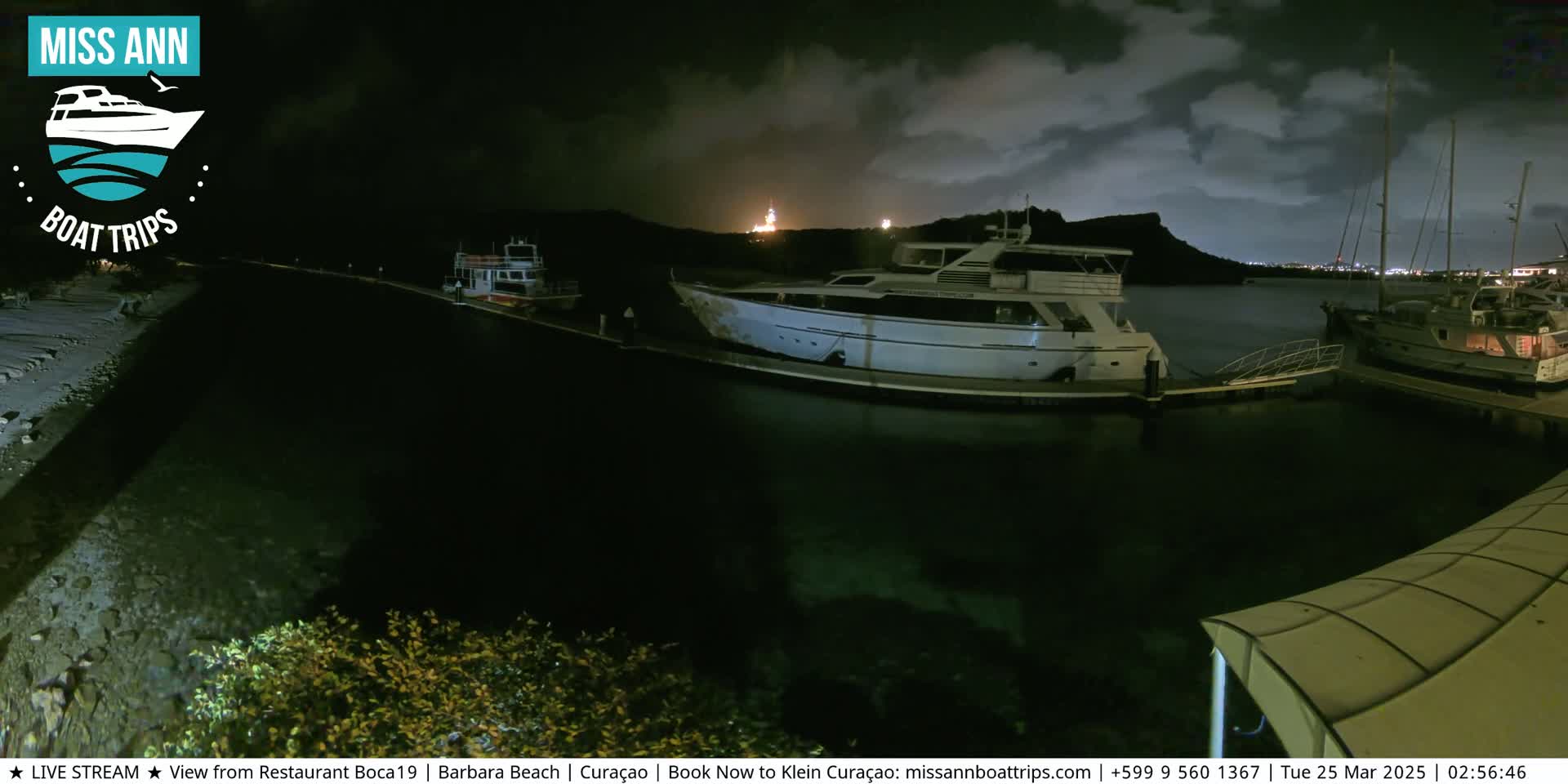 Several yachts are docked at a marina at night under a cloudy sky.