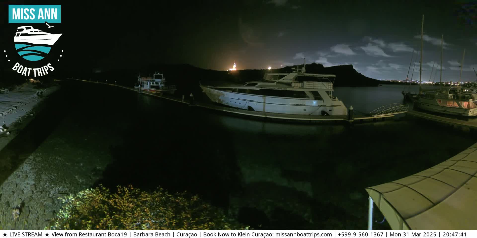 Several boats are docked at a marina at night under a partly cloudy sky.