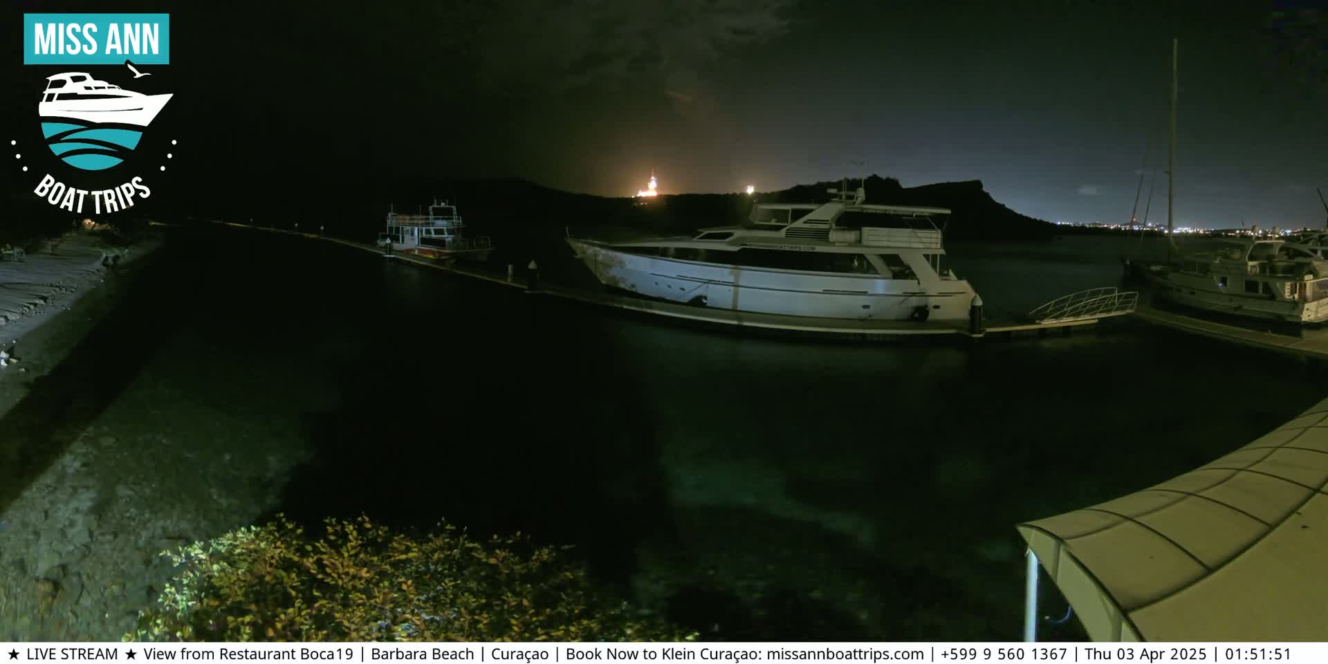 Several boats are docked at a marina at night, under a dark sky with some distant lights visible on the horizon.
