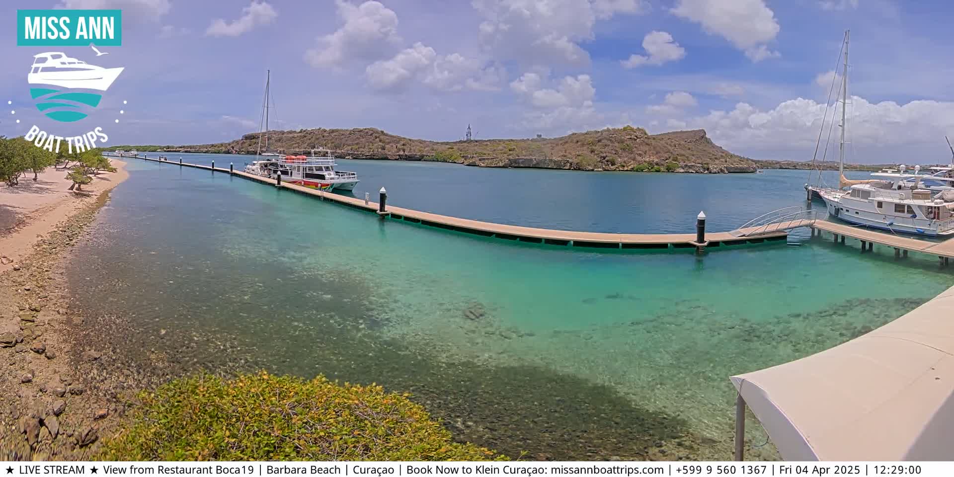 A sunny day reveals a calm, turquoise harbor with several boats docked at a long pier, a sandy beach, and a small island in the background.