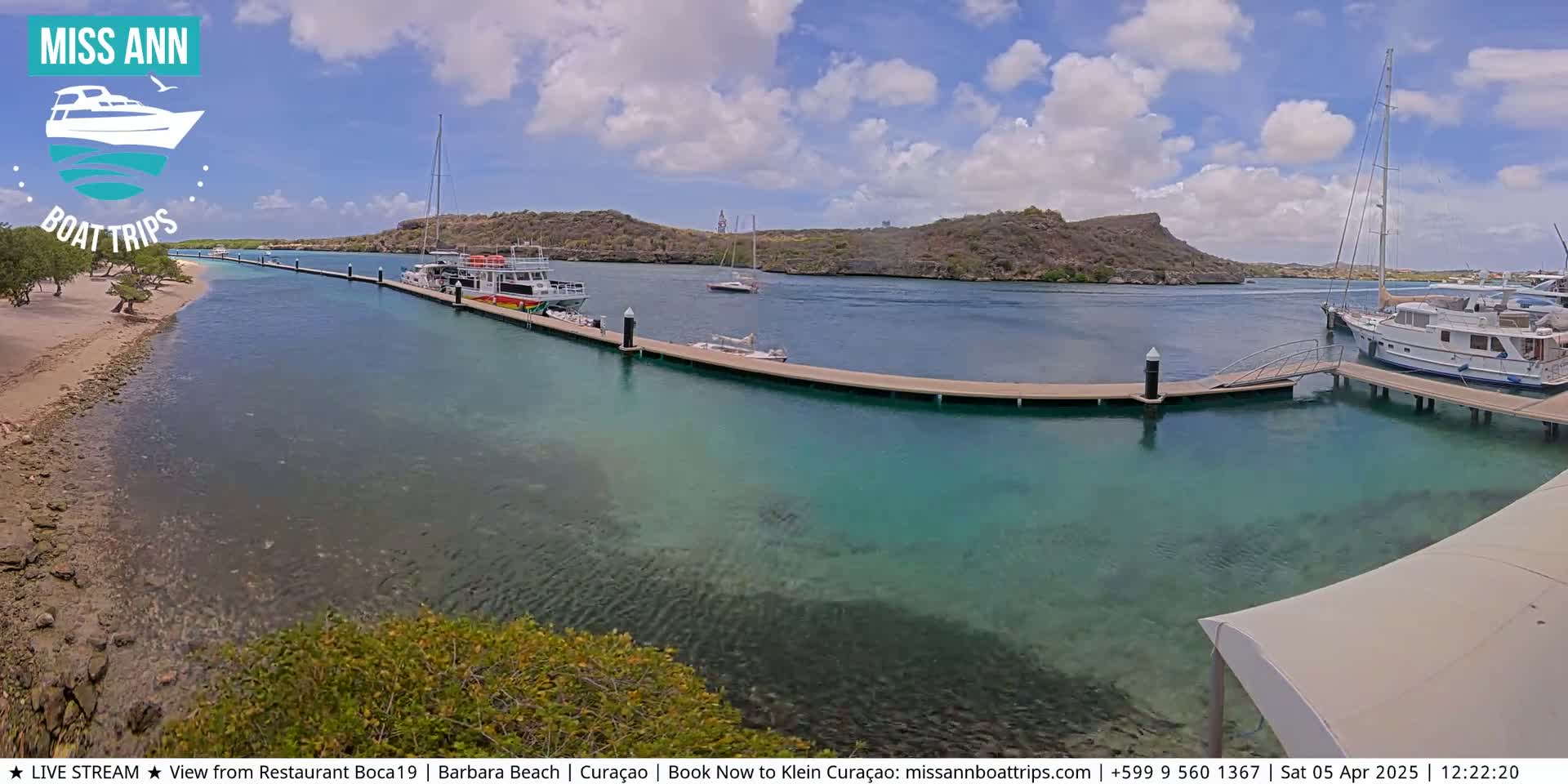 A marina with several boats docked under a partly cloudy sky, calm turquoise water, and a sandy beach in the background.