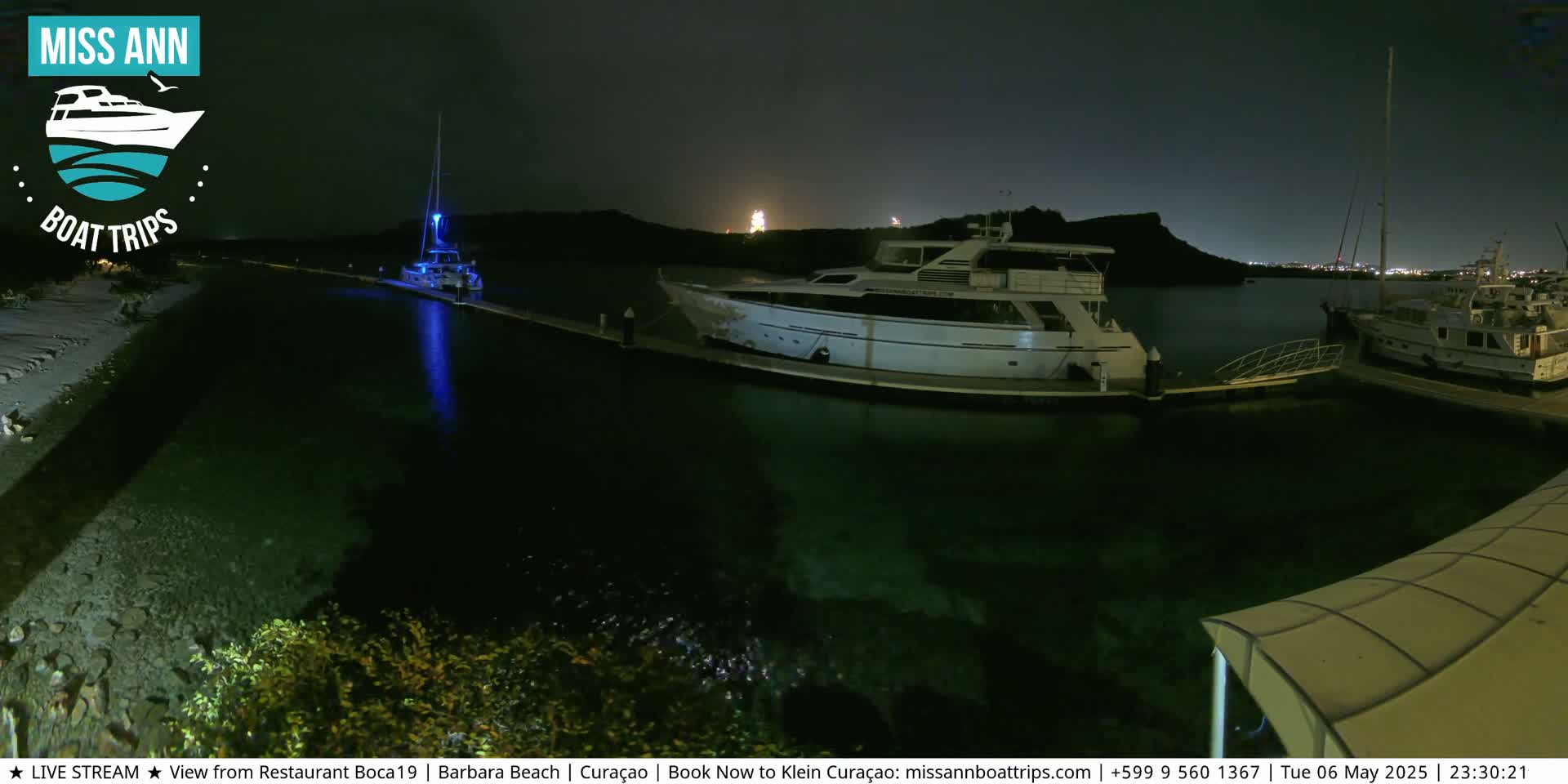Several boats are docked at a marina at night, under a dark sky.
