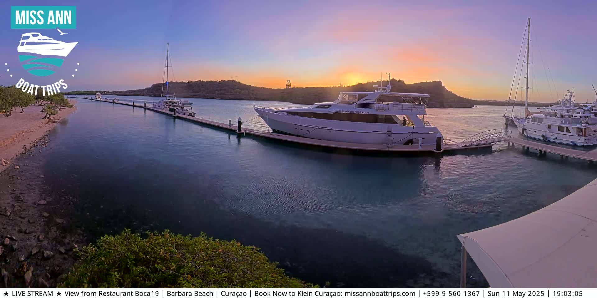 Several boats are docked at a marina during a sunset with calm water.