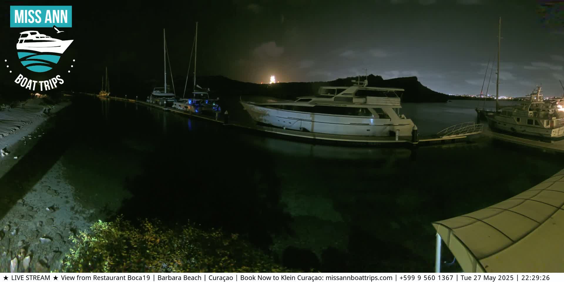 Several boats are docked at a marina at night, under a dark sky, with a hill visible in the background.