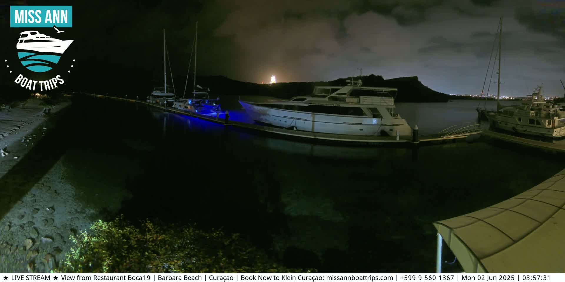 Several yachts are docked at a marina at night under a dark, cloudy sky.