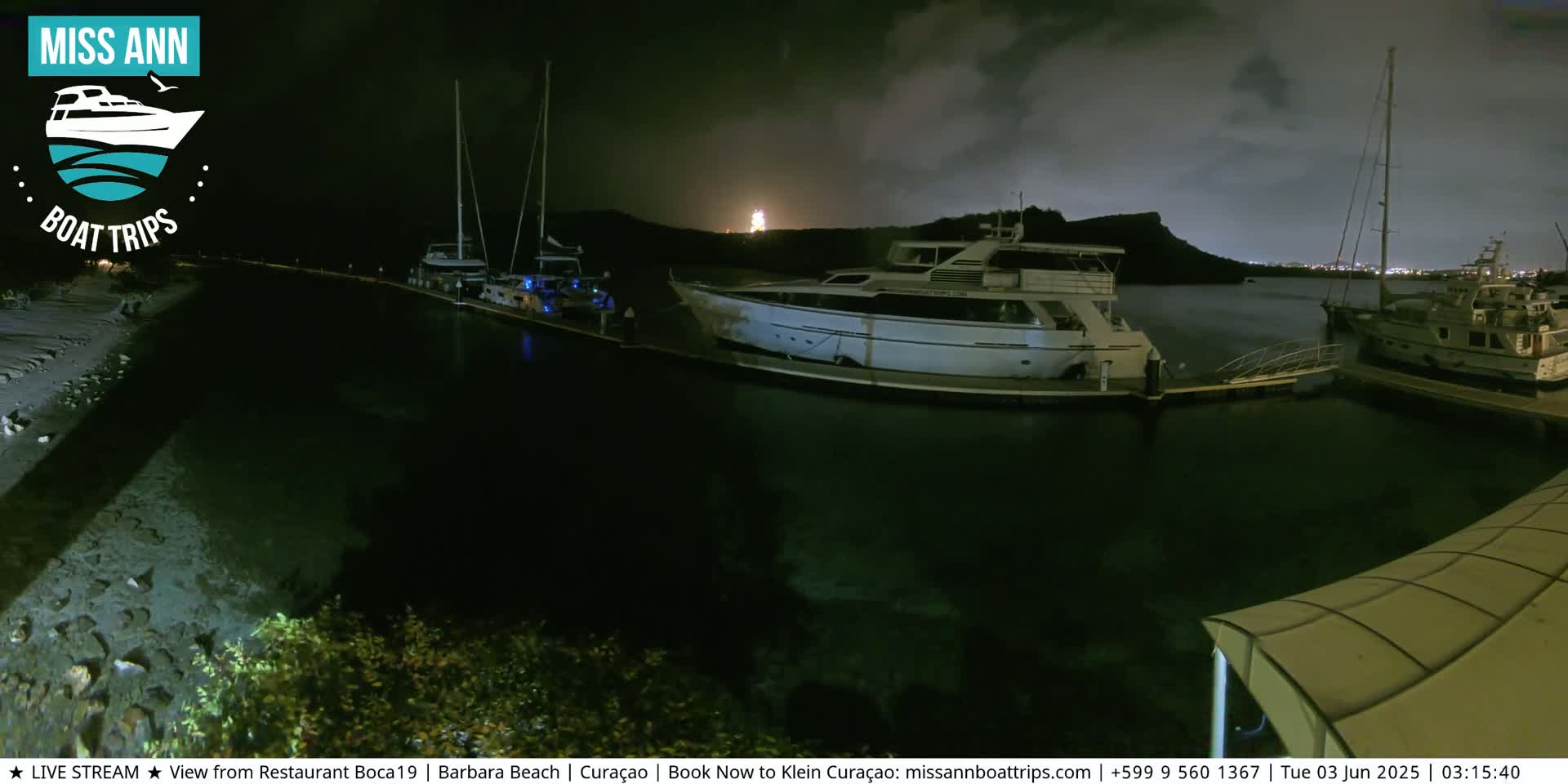 Several boats are moored at a marina at night under a partly cloudy sky.