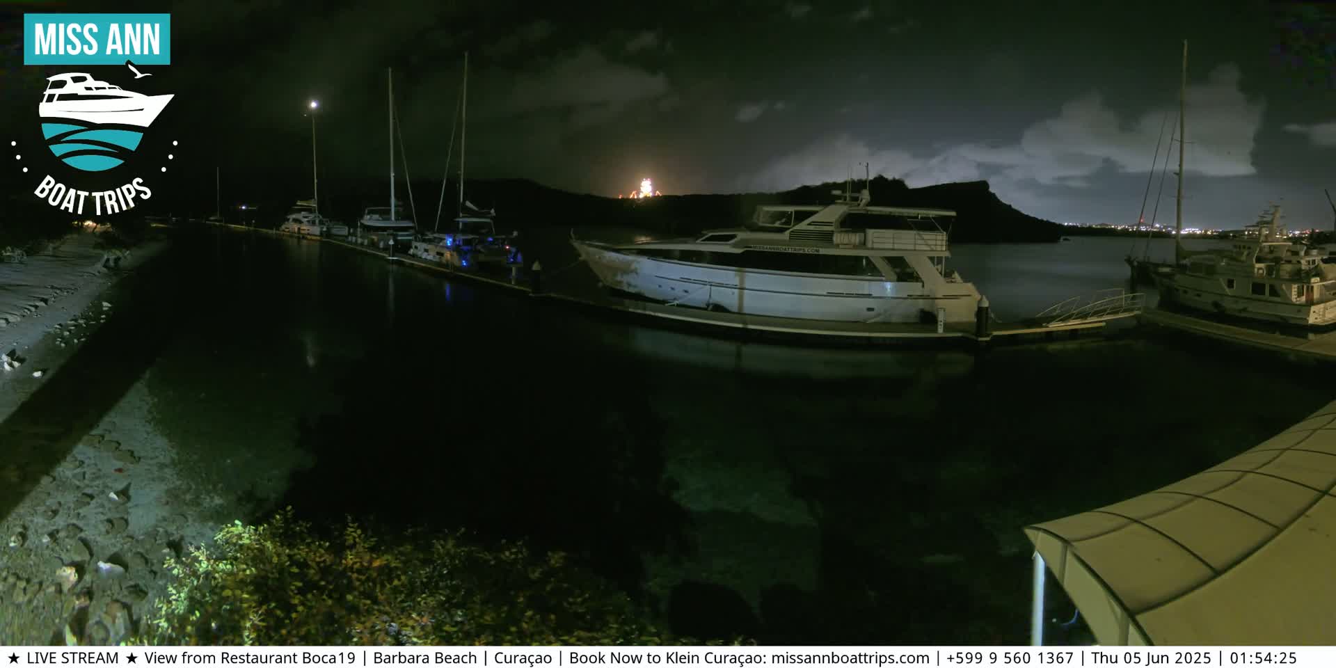 Several boats are moored in a dark marina at night under a cloudy sky.