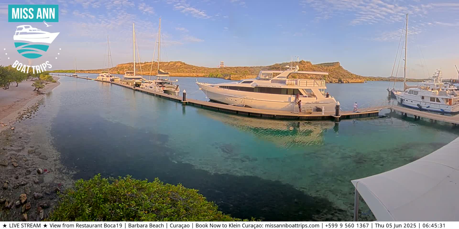 Several yachts and sailboats are docked at a marina on a calm, sunny day.