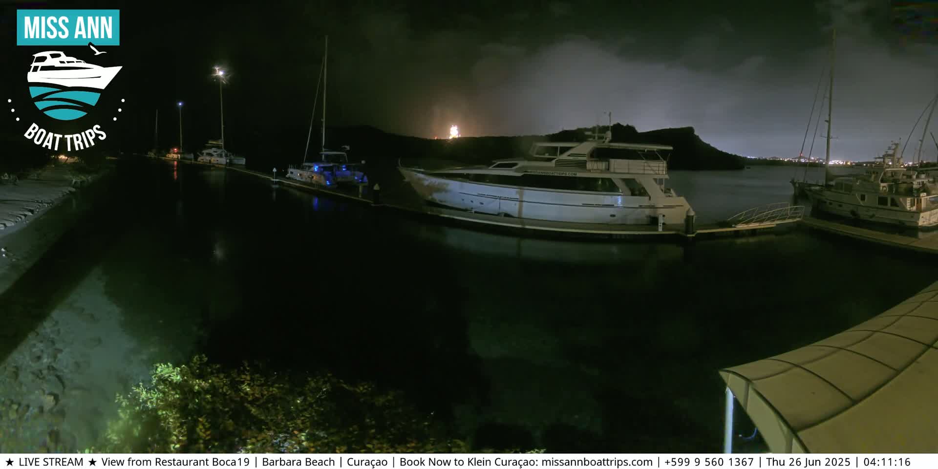 Several boats are docked at a marina at night under a dark, cloudy sky.