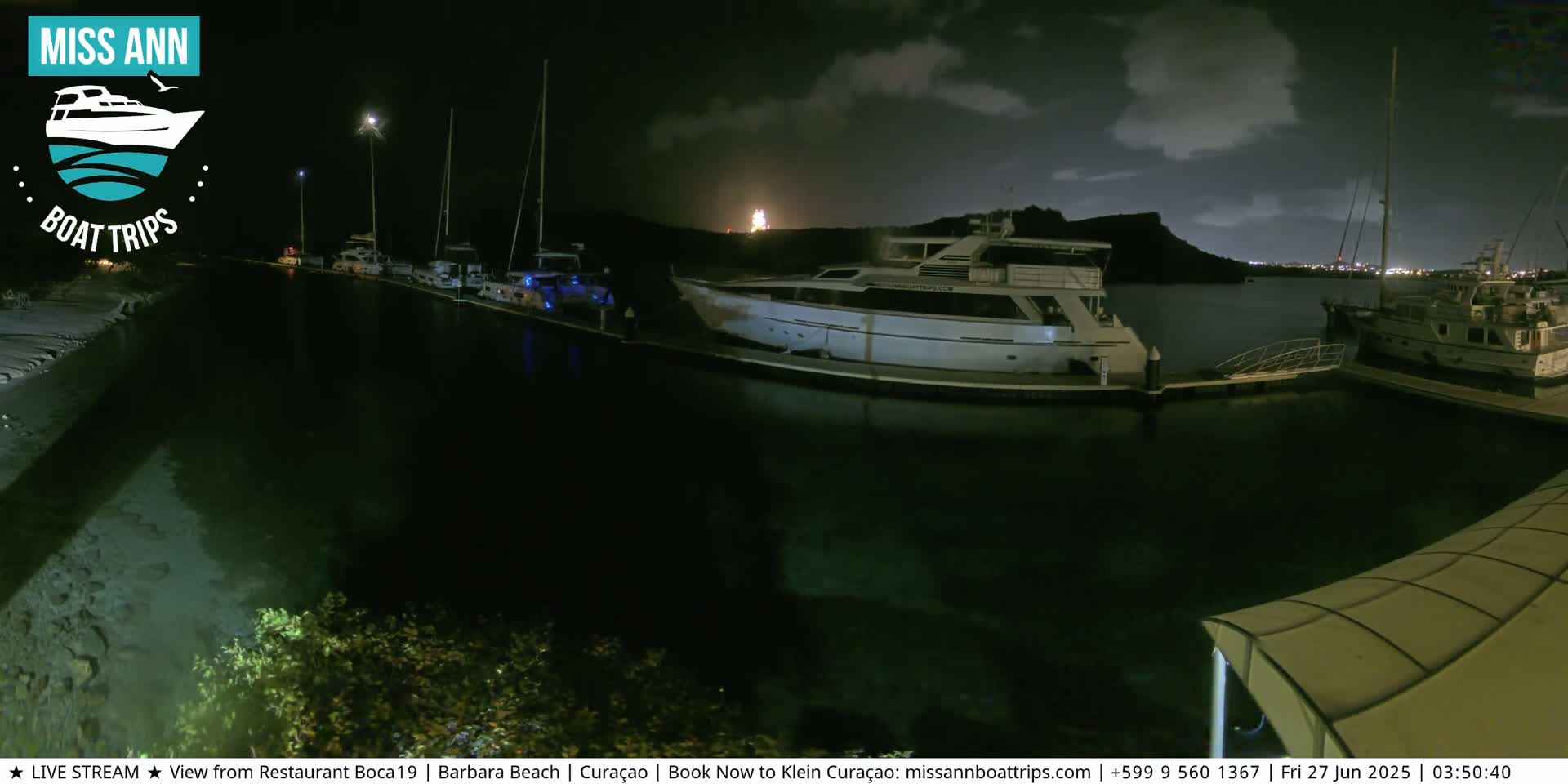 Several boats are docked at a marina at night under a partly cloudy sky.