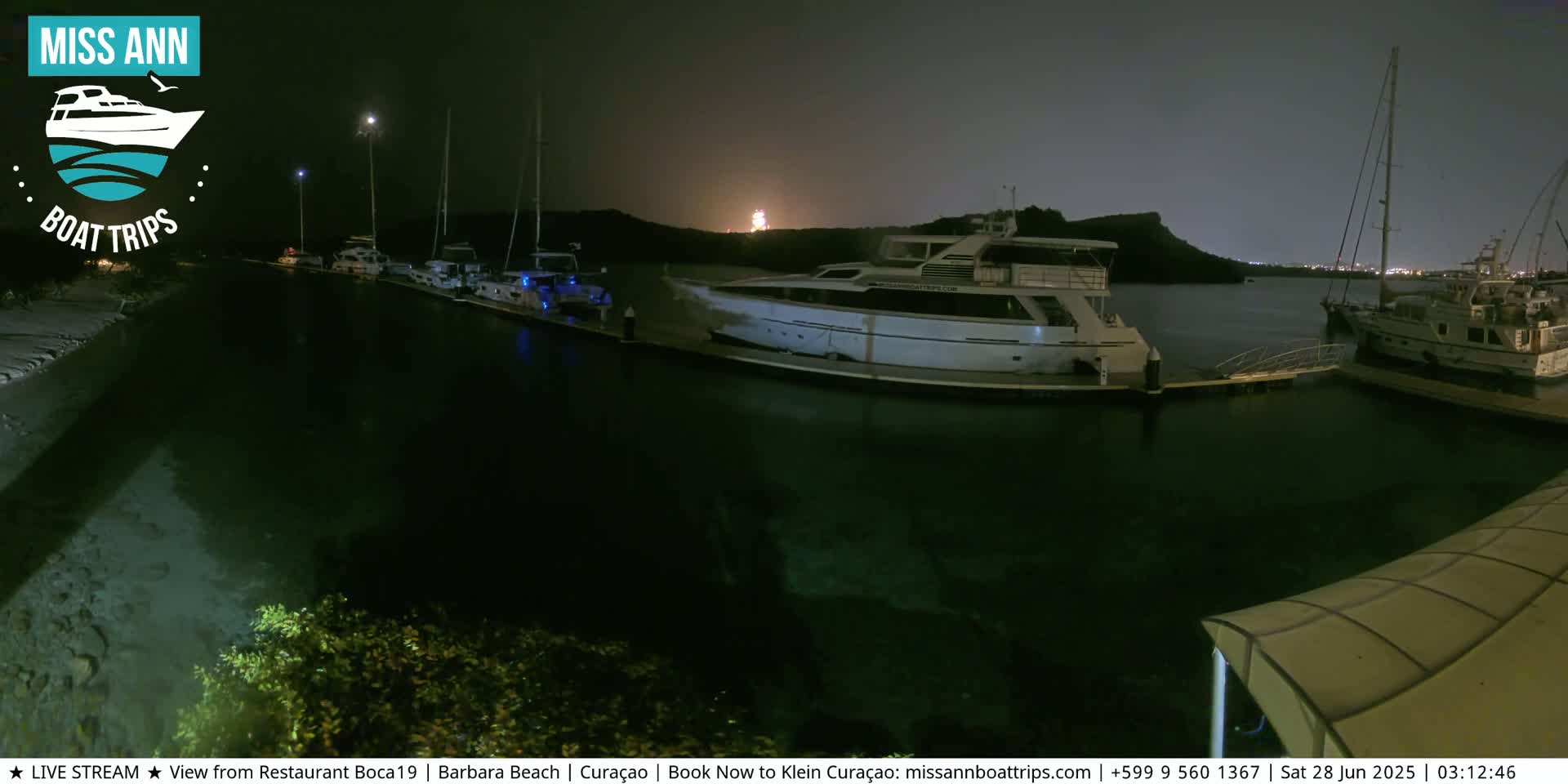 Several boats are docked at a marina at night under a dark sky.