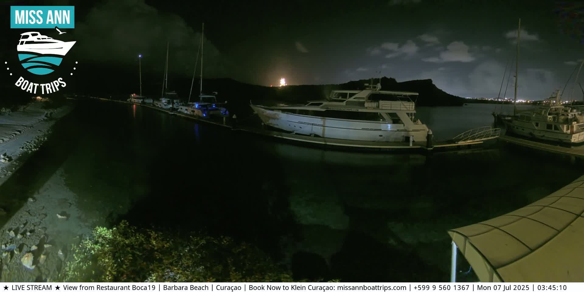 Several boats are docked at a marina at night under a partly cloudy sky.