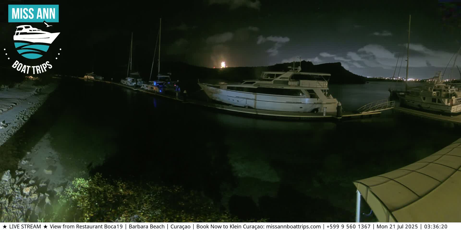 Several boats are docked at a marina at night under a partly cloudy sky.