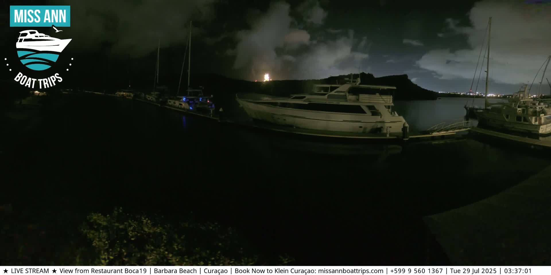 Several boats are moored at a marina at night under a partly cloudy sky.